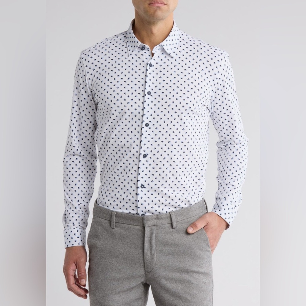 Boss roan Kent button up Men's Shirt with White and Navy Pattern NWT